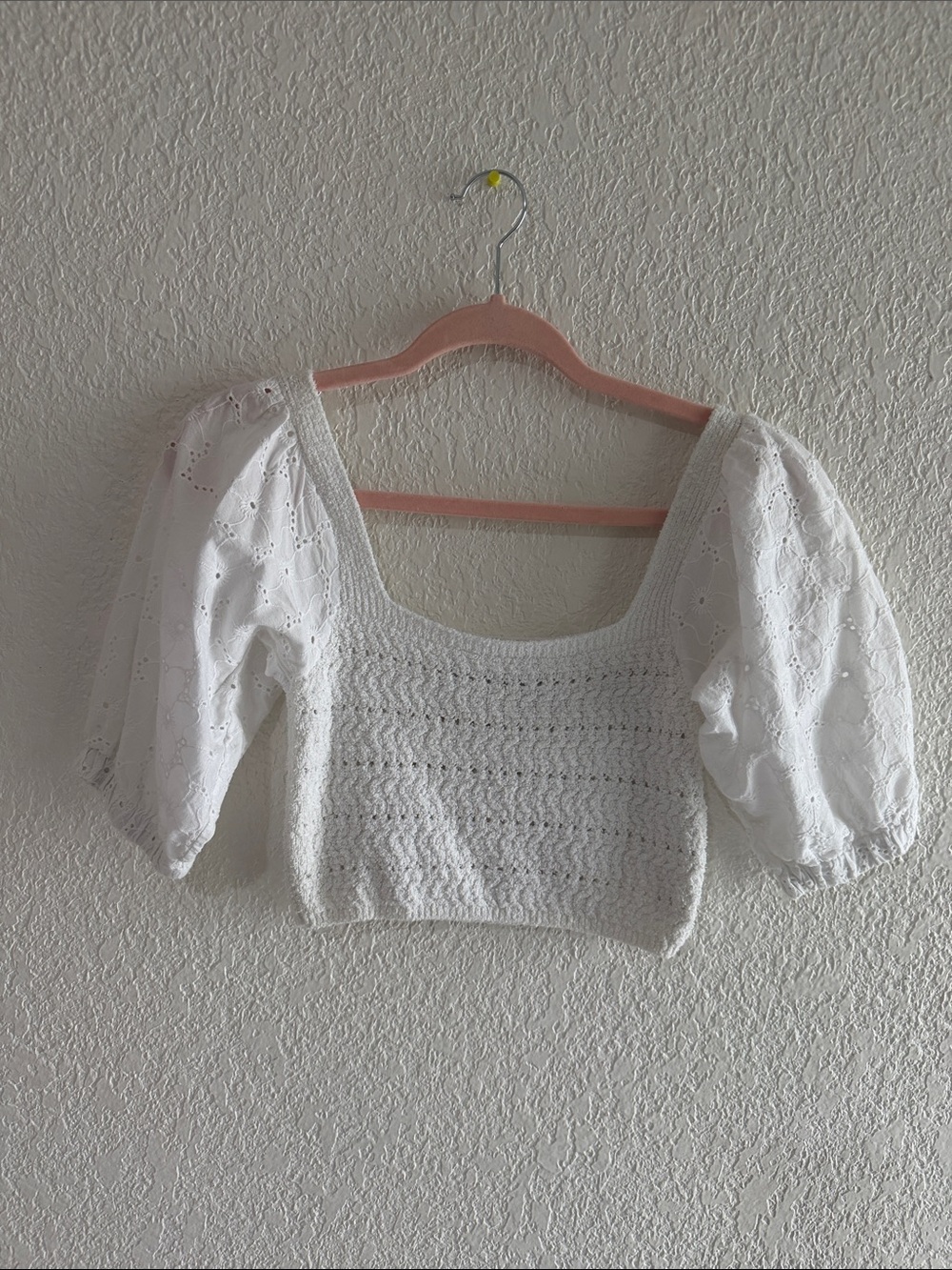 Zara White Puff Sleeve Crochet Crop Top